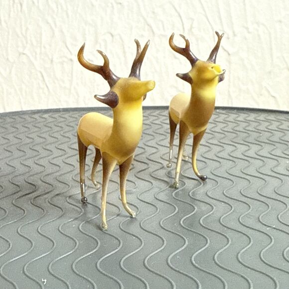 Vtg German Handblown Glass 4 Point Stag Figurine 2" Lot of 2 Amber Brown Bimini? - Picture 4 of 12